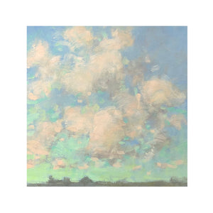 A painting of a sky in winter. The land is depicted right at the bottom and the rest is sky. The clouds are pinky white and the sky is cerulean blue at the top and a light turquoise where the sky meets the land.