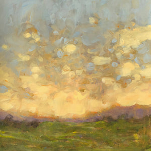 A painting made in an impressionist style of a sunset skyscape. Foreground is in a deep green, the hills beyond are purple and the sky above is depicting the oranges and yellows hitting the bottom of clouds with a fragmented blue sky above.