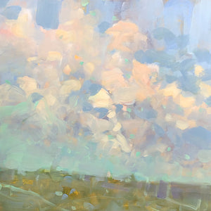 a painting of clouds . whites, pinks and greens are set against blue and turquoise. 