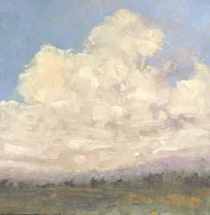 a painting of a landscape with low land in light greens, purple hills and a huge sky with a cloud formation in white