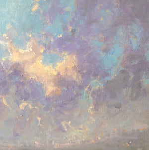painting, sky, storm clouds, purple clouds, blue sky, pale green landscape