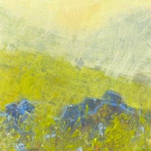 A painting depicting Curbar Edge in the Peak District, with rugged limestone cliffs and windswept terrain. The artist captures the sense of history and folklore embedded in the landscape, evoking a feeling of ancient connection and awe-inspiring beauty.