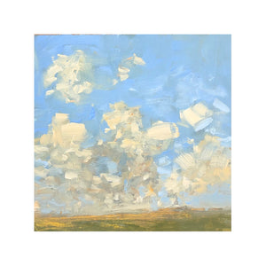 a painting of a low green landscape with grey and white clouds above.