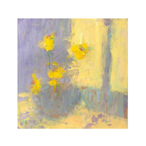 a painting in yellows and purples depicting a small vase of daffodils on a windowsill in spring. The sun is streaming in and the light is  catching the flowers.