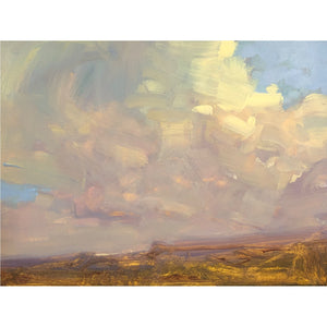 A painting of a landscape. It shows a low horizon line and above is a mass of clouds in purples and greys. The blue sky is peeking out from behind.