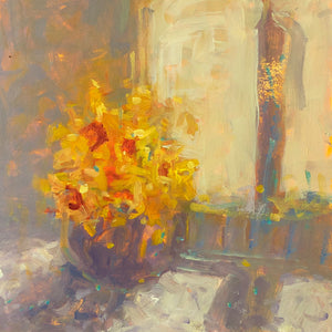 Painting of a vase of daffodils sitting on a windowsill next to a window with sunlight pouring through in yellows and purples