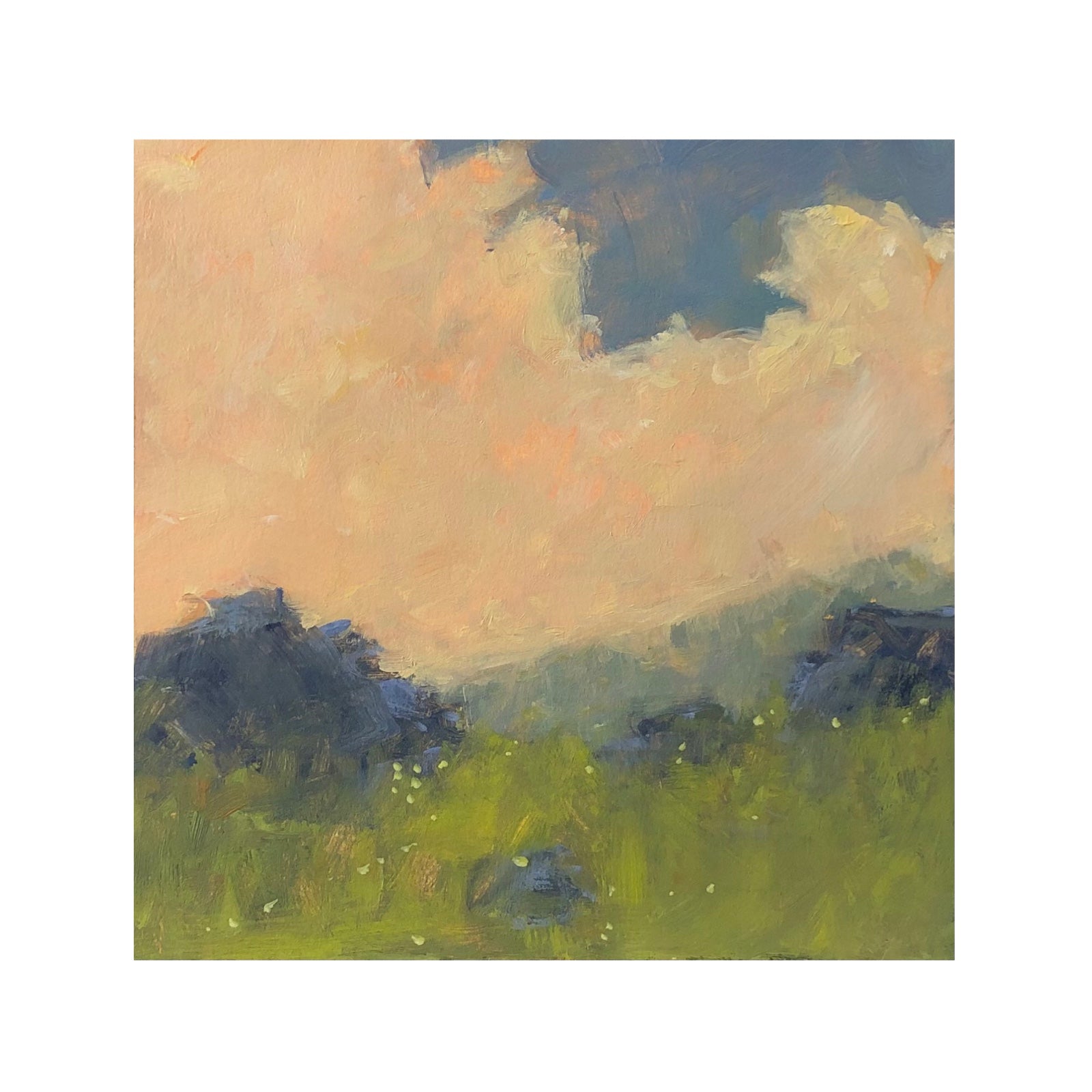 A painting of curbar edge in the peak district, UK. Looking out over the valley there are rocks on the edge and a huge cloud in pinks and whitesabove the distant hills.