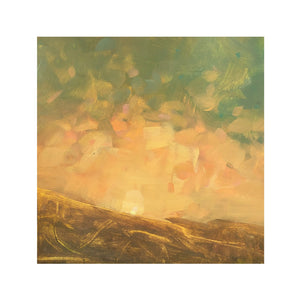 a painting of a landscape. It is a moorland looking upwards toward the skyline at sunset. The colours are browns, oranges, pinks and blues.t