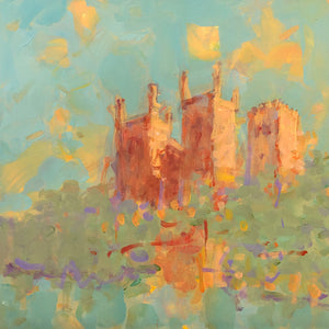 a painting of durham cathedral from the far bank of the river wear. It is highly impressionistic in that the colours are orange, red, green and blue.