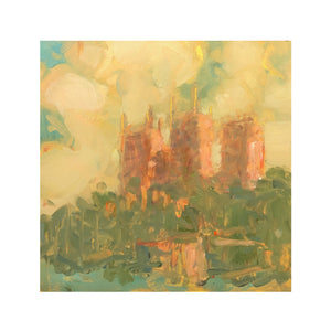 a painting of durham cathedral looking upwards from the river bank. the colours are oranges, reds, greens and blue.