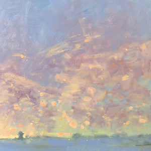 A painting of the clouds in the sky at sunset in winter. The land lies low in the picture. The land is blue and the sky is painted in deep blues, yellow greens and purples.