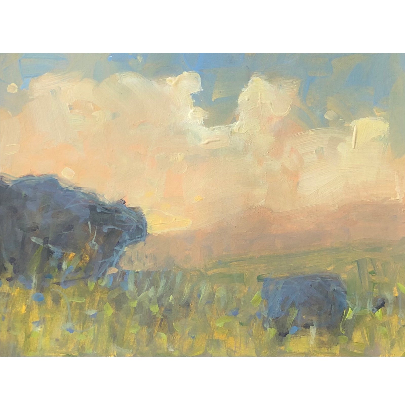 A painting depicting standing on the edge of the escarpment of curbar edge. There are huge rocks in the foregrounin blues and grey sitting atop green grasses. In the dstance are some hills picked out in cool pinks. The sky is blue but is mostly obscured by a massive cloud formation in pnks and yellows.