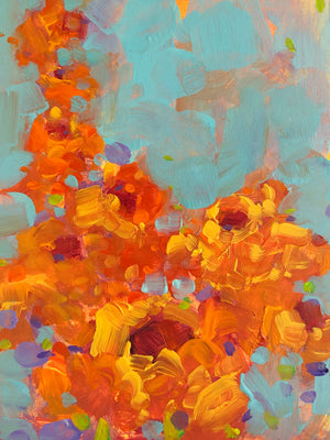 Roses painted in oranges and yellow with turquoise and blue. A painting by denise wrightson