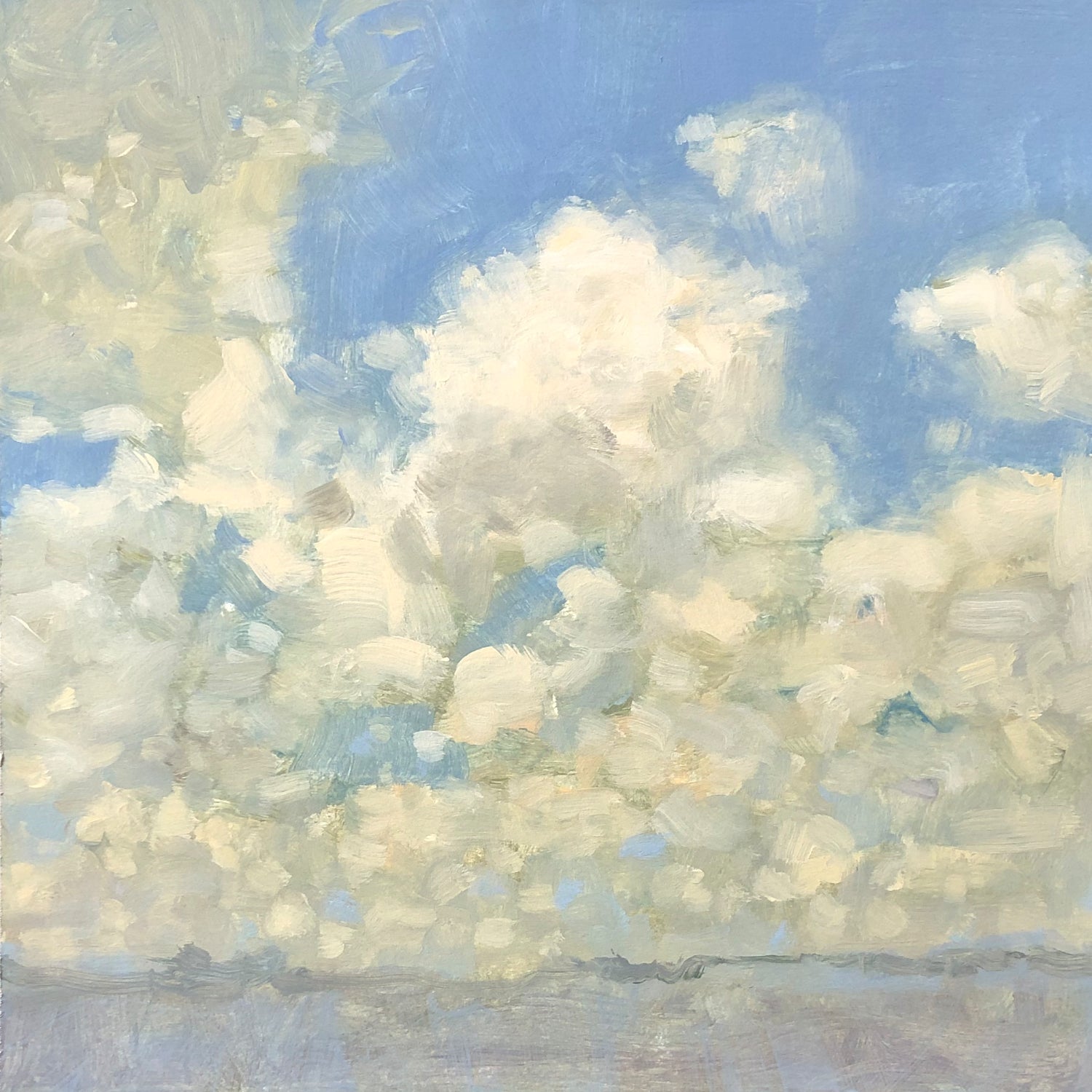 A painting of a winter cloudscape painted in and impressionistic style. The ground id a cold blue and above the clouds are huge and white and grey filling the deep blue sky above.