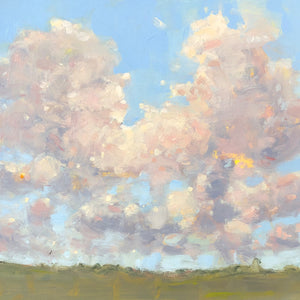 A painting of a spring skyscape. The land below is an pale green colour. The Huge clouds above are painted with pinks and purples. The sky above is a vibrant cerulean blue.