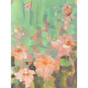 a painting in impressionist style with pink roses on turquoise background.