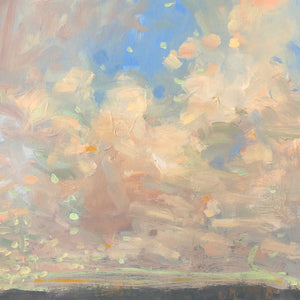 A vibrant cloudscape painted in an impressionistic style in blues pinks purples and greens.