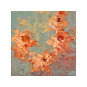 a painting of roses arranged in a bower shape. they are peach pink in colour set against a turquoise blue background.