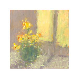 A Painting of daffodils in a bowl sitting on a windowsil by a window in yellow, purple and green