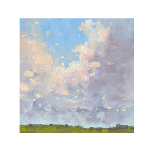 A painting made in an impressionistic style of a spring cloudscape with a slither of green land below. Above, the clouds are pink and purple with a triangle of cerulean blue behind.