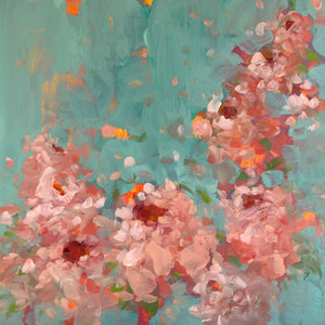 A painting of pink roses in a semi-abstract or impressionist style. The roses have a deep red centre and they are set agains a turquoise background