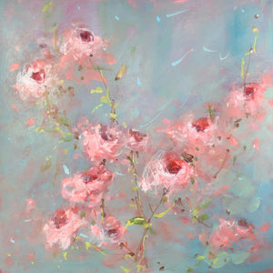 Pink roses swaying in a gentle breeze painted in an impressionistic style. Pink and white roses on a turquoise background 